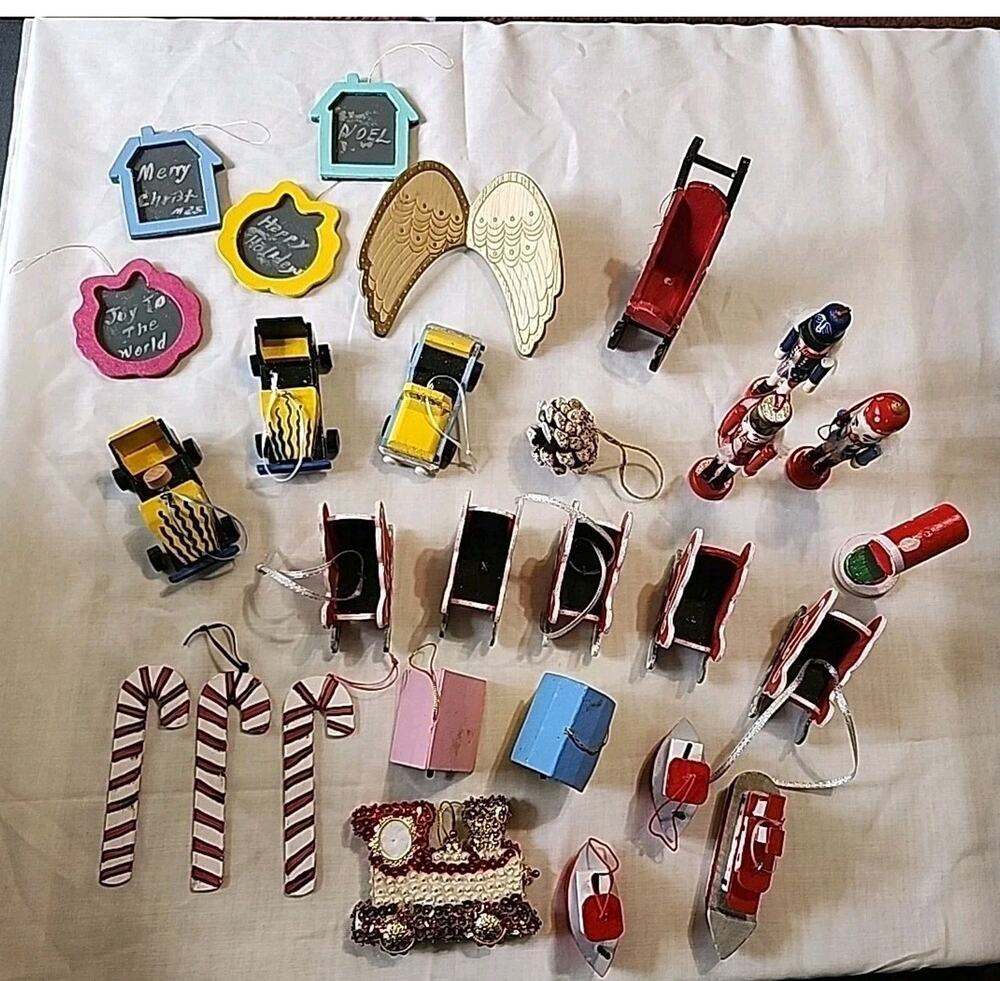 Lot of 28 Wooden Christmas Ornaments Nutcrackers Sleds Candy Canes Soap Box Cars